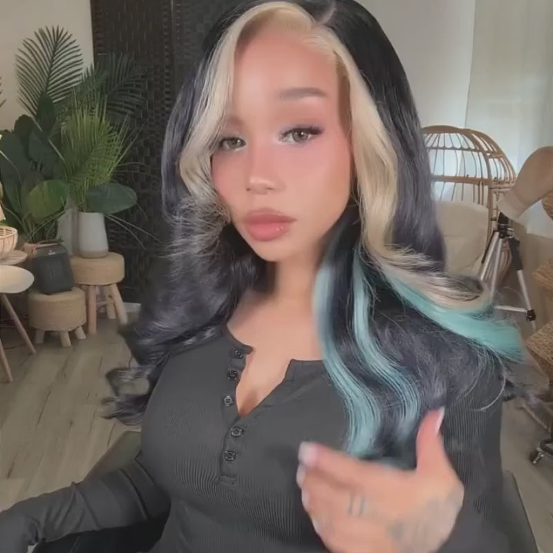SZC Black Platinum Blonde Split Teal Aqua Blue Money Piece Highlights 13x4 Lace Front Human Hair Wig