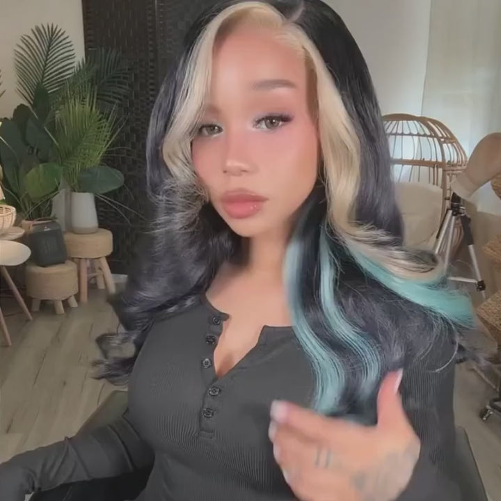 SZC Black Platinum Blonde Split Teal Aqua Blue Money Piece Highlights 13x4 Lace Front Human Hair Wig