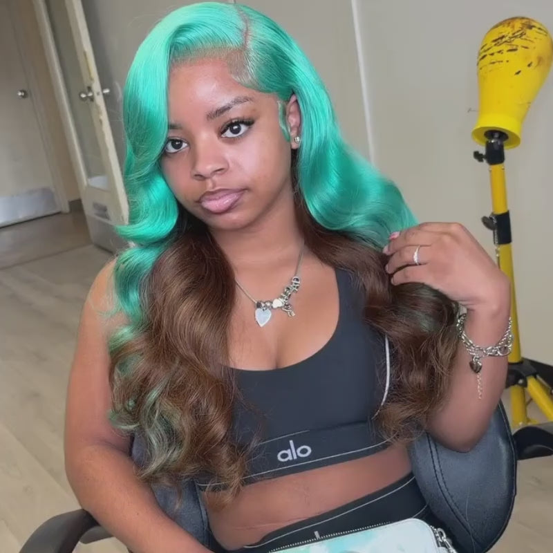 SZC Peekaboo Ocean Blue Brown 13x4 Lace Front Human Hair Wig