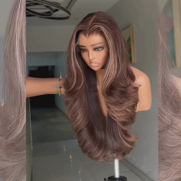 SZC Chocolate Chestnut Brown With Caramel Honey Blonde Highlights 13x4 Lace Front Human Hair Wig