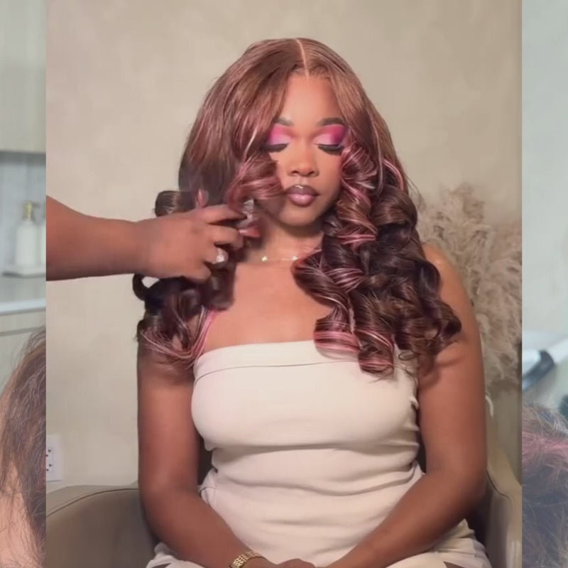 SZC Chocolate Brown Rose Pink Highlights 13x4 Lace Front Human Hair Wig 200 Density