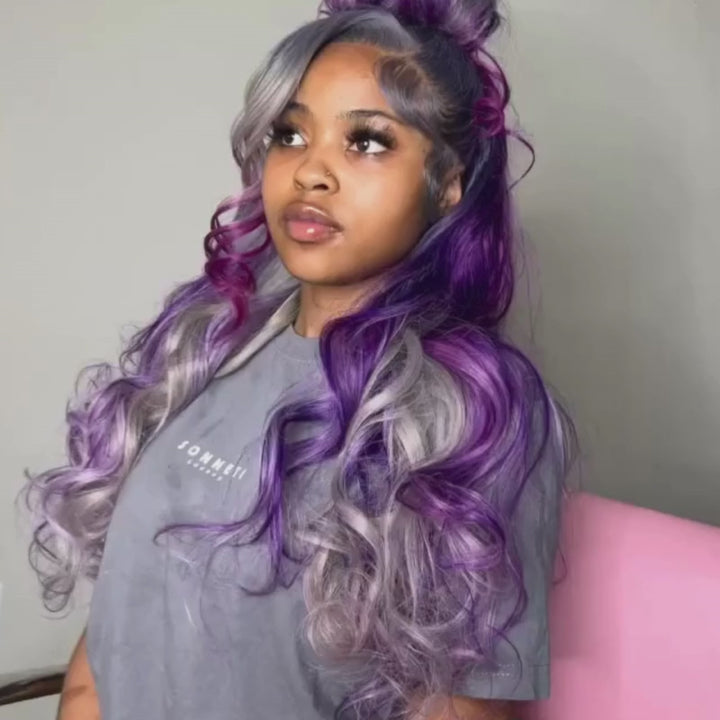 SZC Gray Purple Highlight Body Wave 13x4 HD Lace Front Human Hair Wigs