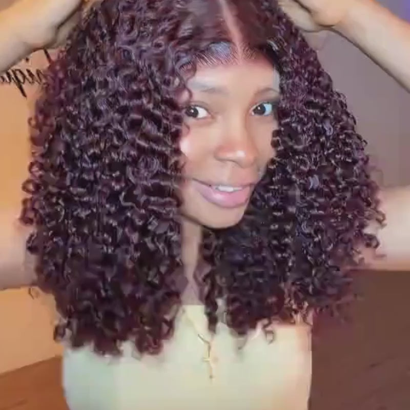 SZC Deep Burgundy Red Defined Tight Curly Short Bob 13x4 Lace Front Human Hair Wigs