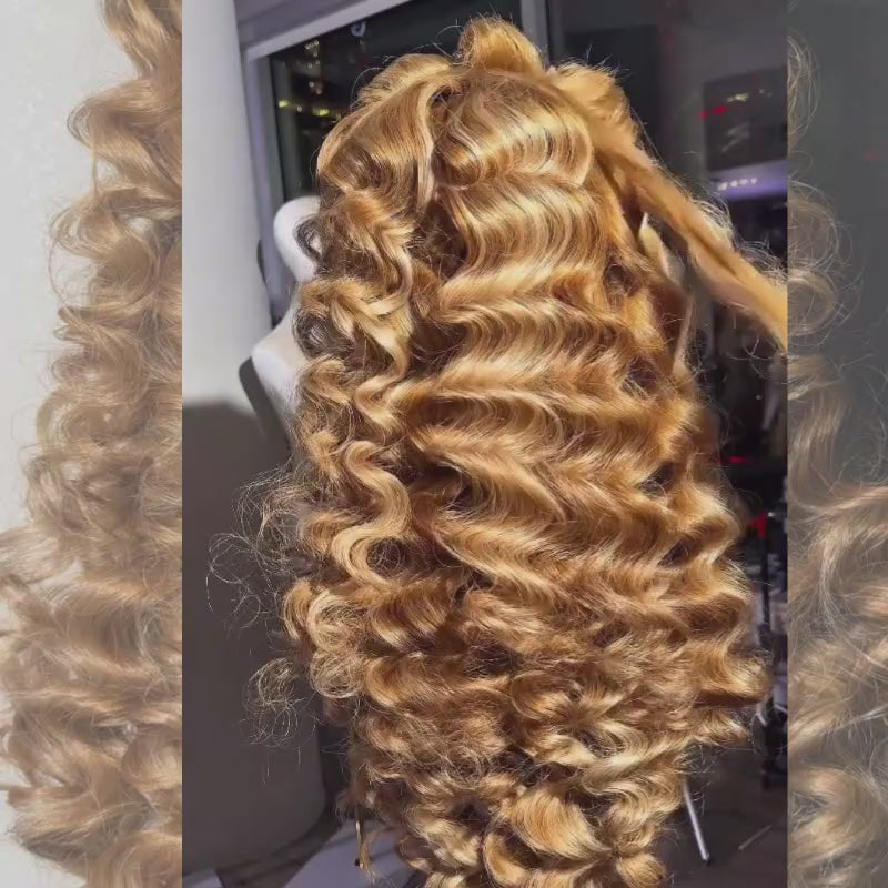 SZC Honey Blonde Highlight Loose Deep Wave 300 Density 13x4 Lace Front Human Hair Wig