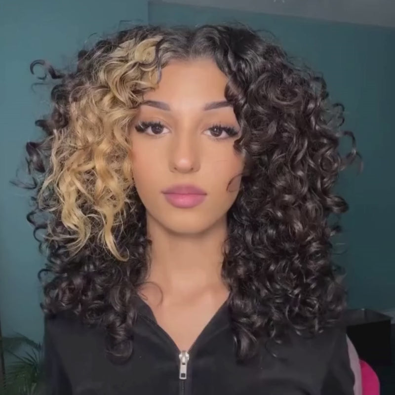 SZC Black With Brown Streaks Short Shoulder Length Bob 13x4 Lace Front Human Hair Wig