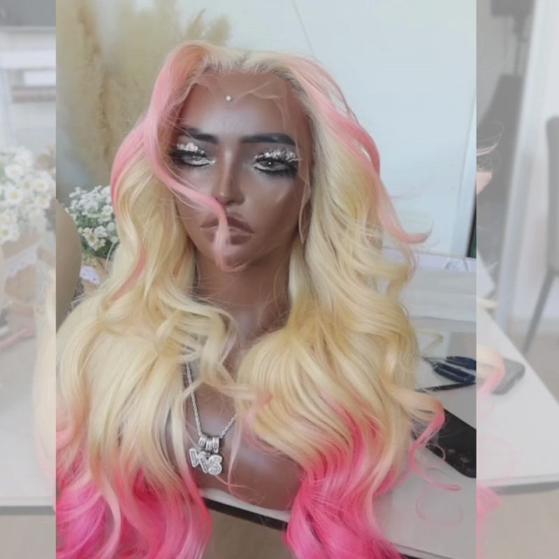 SZC Ombre Pink Blonde Skunk Stripe 13x4 HD Lace Front Virgin Human Hair Wigs