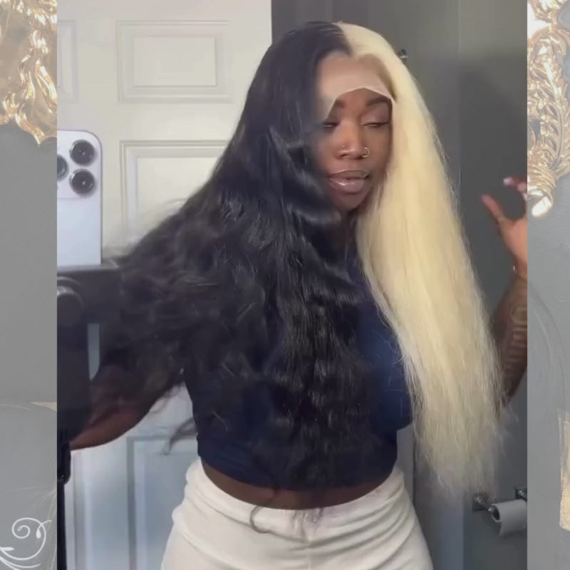 SZC Half Black Half Blonde Bone Straight 13x4 HD Lace Front Human Hair Wigs