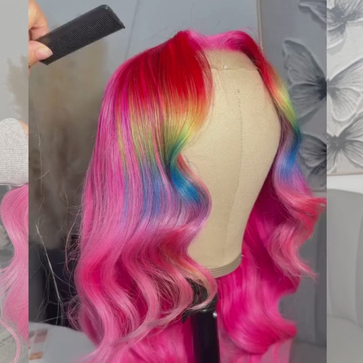 SZC Ombre Red Yellow Blue Hot Pink Highlight HD Lace Front Human Hair Wigs