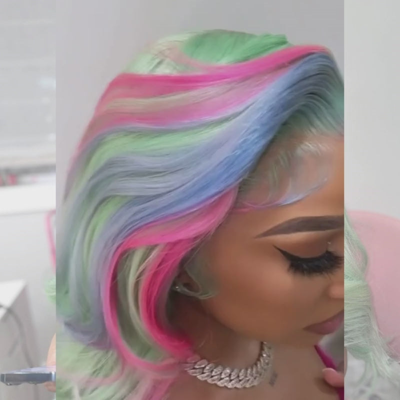 SZC Blue Hot Pink Skunk Stripe Green Body Wave Lace Front Human Hair Wigs