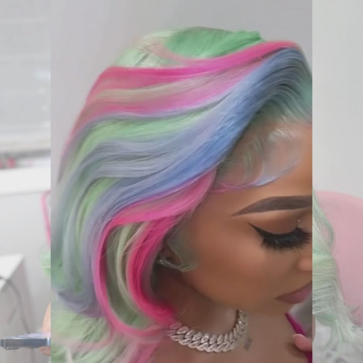 SZC Blue Hot Pink Skunk Stripe Green Body Wave Lace Front Human Hair Wigs