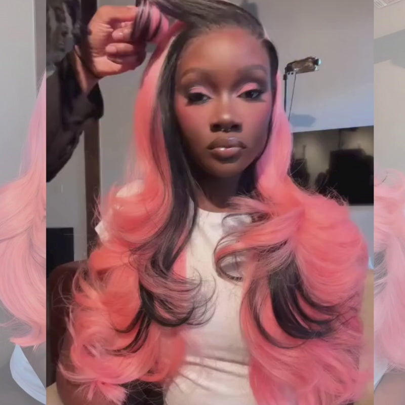 SZC Pink With Black Skunk Stripe 13x4 Lace Front Virgin Human Hair Wigs 200 Density