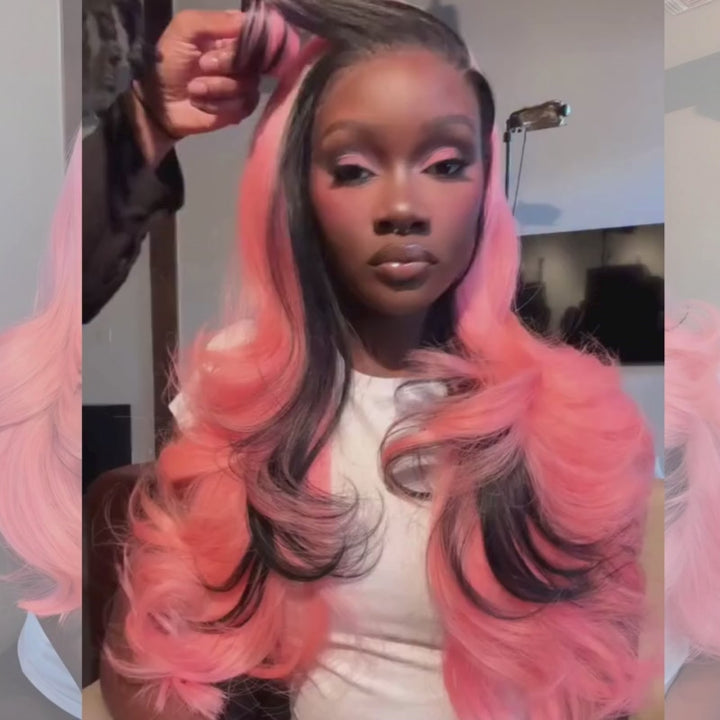 SZC Pink With Black Skunk Stripe 13x4 Lace Front Virgin Human Hair Wigs 200 Density