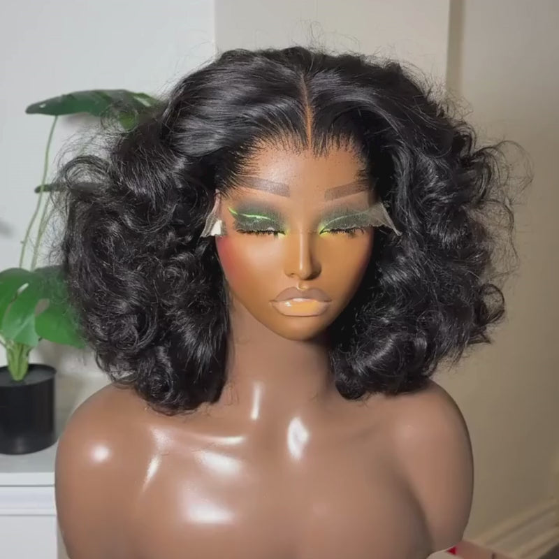 SZC Fluffy Bouncy Loose Body Wave Short Bob 13x4 Lace Frontal Human Hair Wigs