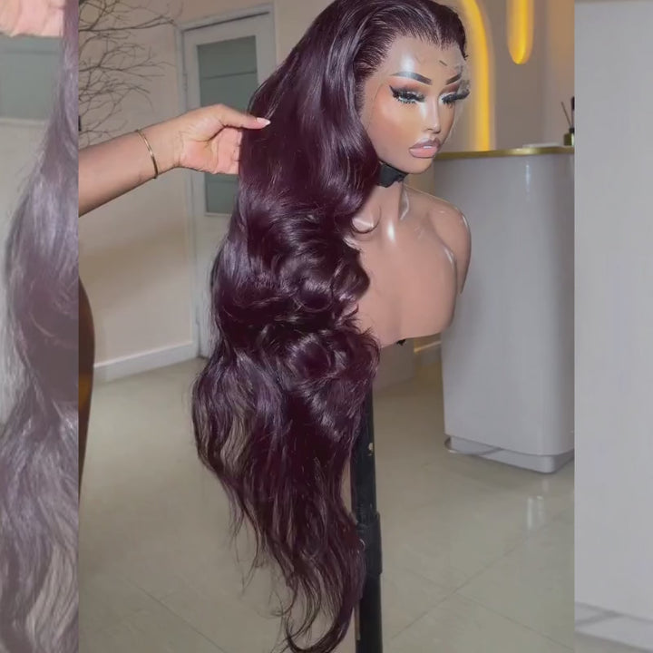 SZC Dark Burgundy Red Wavy 300 Density 13x4 Lace Front Human Hair Wigs
