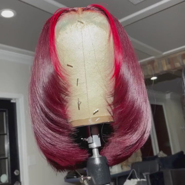 SZC Short Medium Layered Cut Burgundy Red Skunk Stripe Bob 13x4 Lace Front Human Hair Wig