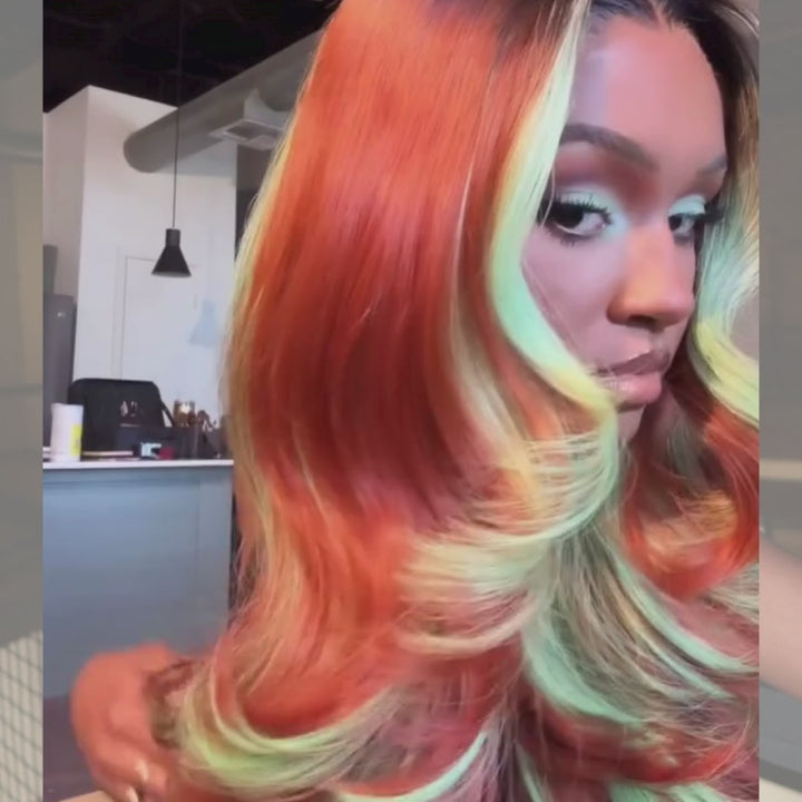 SZC Copper Red Brown With Pastel Green Skunk Stripe Highlight Streaks 13x4 Lace Front Virgin Human Hair Wigs