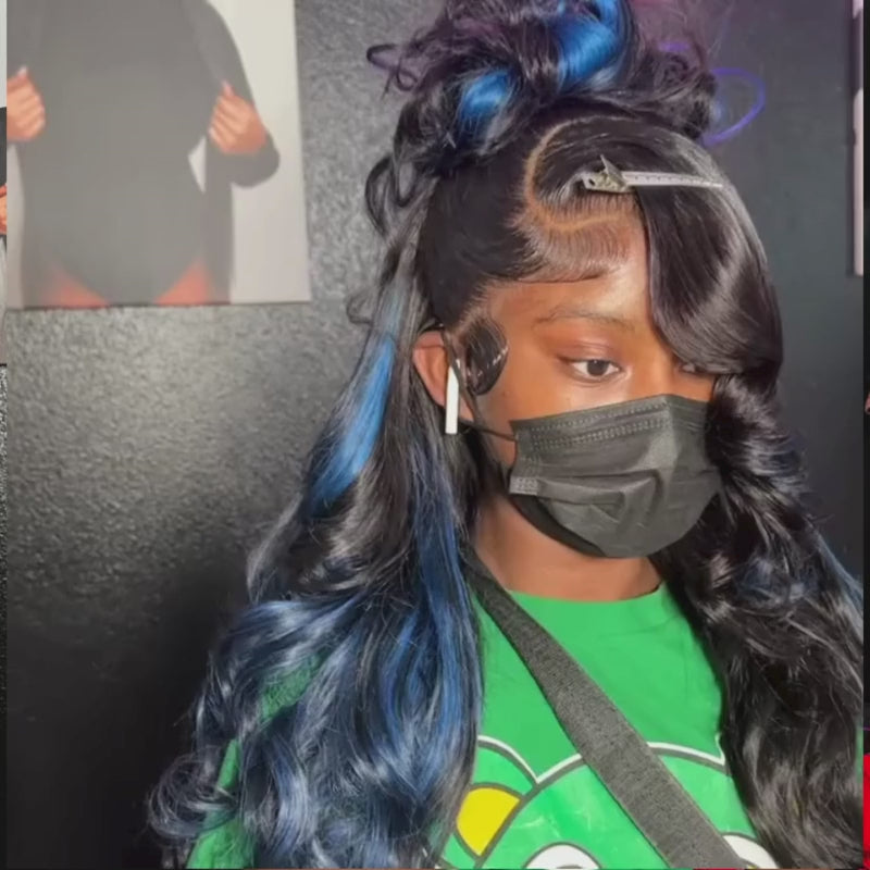 SZC Black With Blue Highlights 13x4 Lace Front Virgin Remy Human Hair Wigs 200 Density