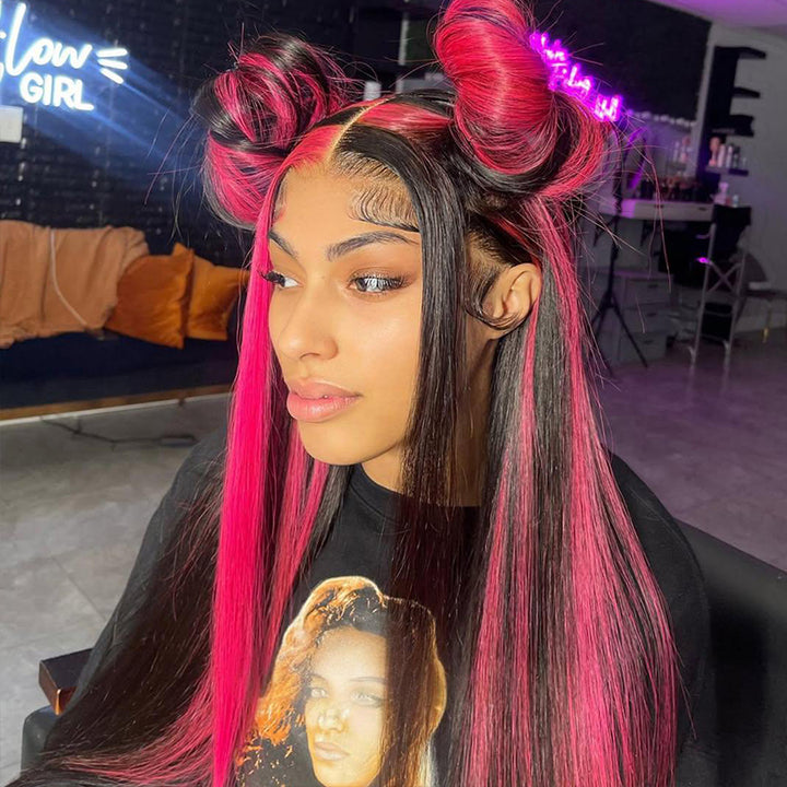 SZC Black With Red Highlight Streaks Bone Straight 13x4 Lace Front Human Hair Wigs