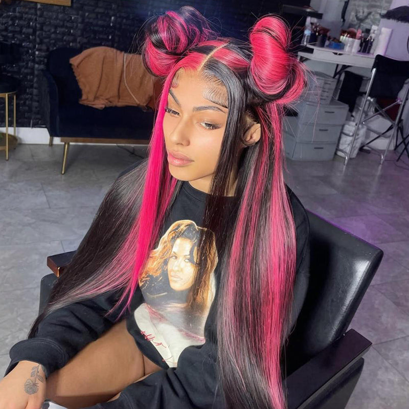 SZC Black With Red Highlight Streaks Bone Straight 13x4 Lace Front Human Hair Wigs