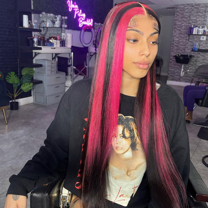 SZC Black With Red Highlight Streaks Bone Straight 13x4 Lace Front Human Hair Wigs