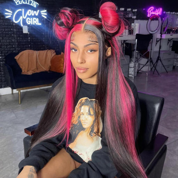 SZC Black With Red Highlight Streaks Bone Straight 13x4 Lace Front Human Hair Wigs